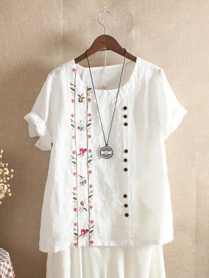 Cotton Linen Embroidery Tops for Women